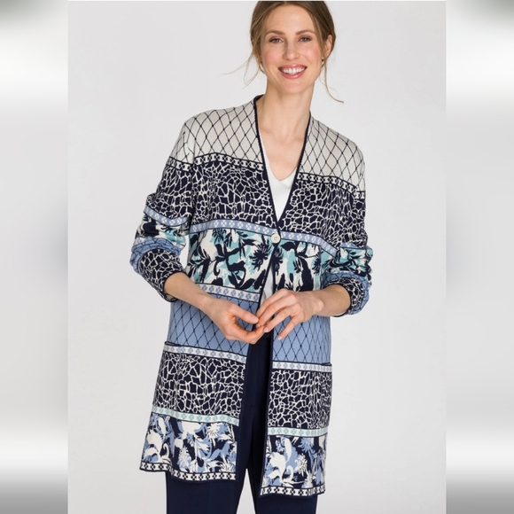 OLSEN Blue And Cream Heavyweight Cotton Blend Patterned Long Cardigan. Size 12 - Picture 2 of 15